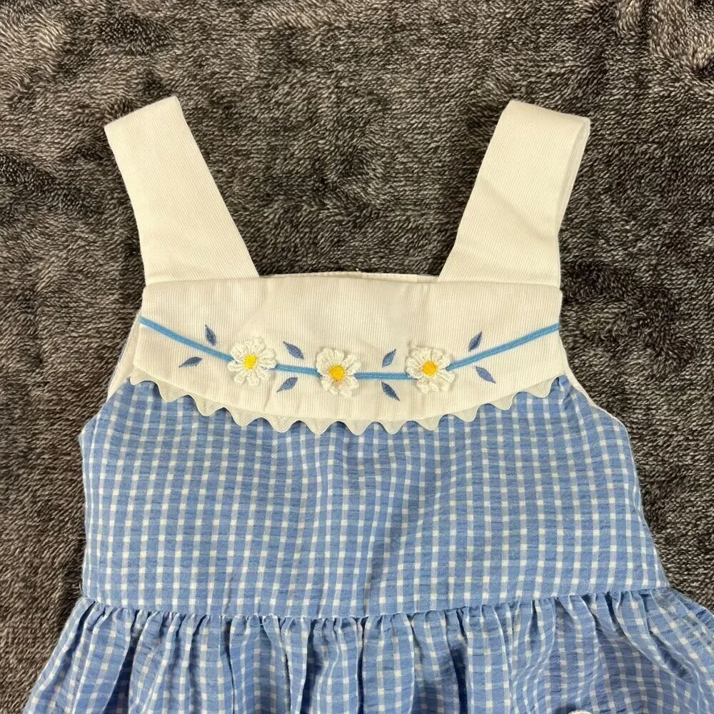 Vtg Little Bitty Gingham Blue Floral Embroidered Dress Sleeveless Girl 4 Tie